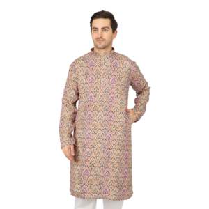 Kurta de Manga Larga Estampada Multicolor para Hombre con Bordado de Seda Dola Peach Marca-TMEN02-01-S - Product Image 5