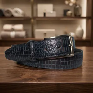 Blue Cow Hide Leather <b>Belt</b> with Snake Pattern Textured Leather <b>Belt</b> for Contemporary Fashion Brands From Divine International - Product Image 6