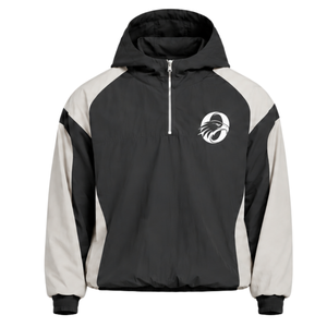 Mens Charcoal Black Neutral Colorblock Windbreaker <b>Hoodie</b> <b>Lightweight</b> Quarter Zip Pullover Jacket Outdoor Training Casual Top - Product Image 1