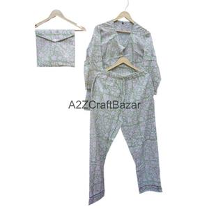 Ensemble de pyjama pour femmes, fait main, hiver, luxe, imprimé floral, 100% coton, respirant, doux, col long, manches longues, taille élastique, longueur complète - Product Image 5