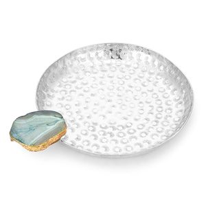 Bandeja Redonda Martillada Pequeña de Aluminio con Ágata, Color Plateado, Centro de Mesa Decorativo - Product Image 1
