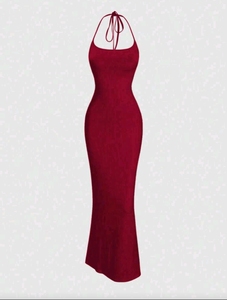 Robe de soirée longue pour femme, col licou, moulante, coupe trapèze, sans manches, couleur unie, pour soirée - Product Image 1