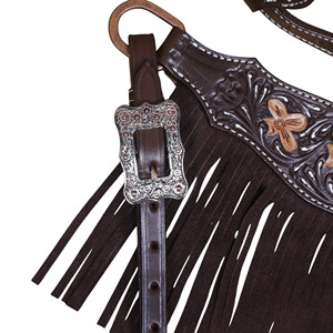 Ensemble de têtière et de collier de poitrine en cuir pour cheval de style western, avec franges, design floral artisanal, accessoires pour chevaux personnalisés, finition nickel antique - Product Image 6