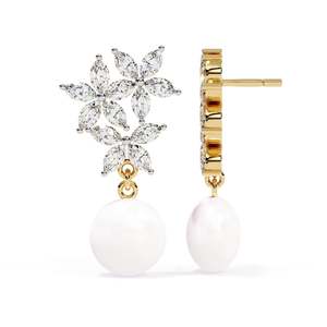 Boucles d'oreilles en or blanc pour femmes, perles et diamants taille marquise, motif floral, bijoux de mariage classiques - Product Image 3