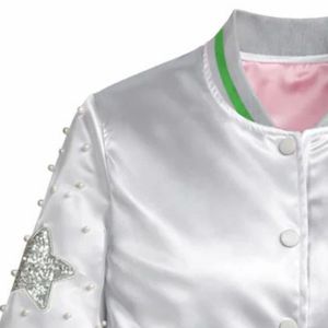 AKA <b>Silver</b> Satin Pearl <b>Jacket</b> Women Shiny Bomber Style Embellished Sleeve Trim Lightweight Fashion Greek Sorority Apparel Coat - Product Image 3