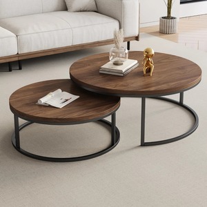 Modern Round Wood Coffee <b>Table</b> With Metal Frame <b>Nesting</b> Design Living Room Furniture - Product Image 1