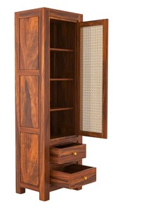 Wholesale Boho Solid Wood Rattan <b>Bookcases</b> Tall Cabinet Single Door Cane <b>Bookcase</b> with Drawers | Jodhpur Handicraft - Product Image 6