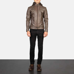 Mens <b>Leather</b> <b>Jacket</b> With Hood <b>Winter</b> Casual Slim Fit Hooded <b>Leather</b> Coat Grey Brown Real Sheepskin Motorbike <b>Jacket</b> Plus Size - Product Image 1