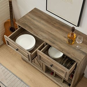 Credenza Stile Fattoria con 2 Cassetti e Bar Portabottiglie Rimovibile, con Ripiani e Portabottiglie per Conservazione Liquori - Product Image 3