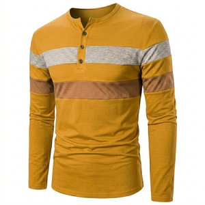 Mens Multi Color Striped Henley Shirts Long Sleeve Crew Neck Button Tee Comfortable Cotton Patchwork Yellow Urban Pullover Tops - Product Image 1