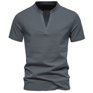 Camiseta de Manga Corta con Cuello Henley para Hombre, Color Sólido, Informal, Transpirable, de Algodón Tejido, para Verano - Product Image 1