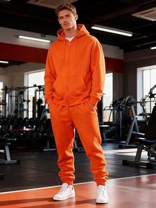 Men's <b>Orange</b> Hooded Tracksuit Full Sleeve Solid Color Casual 100% Cotton Breathable Regular Fit Autumn Wear - Product Image 3