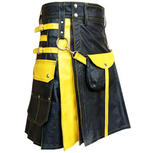 Kilt écossais hybride noir et jaune en cuir de vache, Sporran sur le devant, pour hommes - Product Image 1