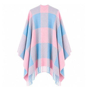 Gamma Phi Delta Sorority <b>Women</b> Blue & Pink Checkered <b>Cape</b> Shawl Cardigan Casual 100% Acrylic Winter Warm Daily Wear Scarf - Product Image 6