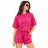 Ensemble décontracté pour femmes en coton 100% rose fuchsia, t-shirt et short, coupe ample, 2 pièces