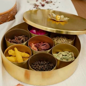Round Handcrafted Brass <b>Masala</b> <b>Box</b> For Indian Seasoning Storage And Decorative Dining Table Display - Product Image 1