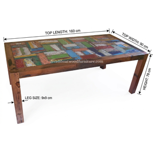 Table à manger DIVADI, modèle carré à pieds fixes, patchwork, bois de bateau recyclé, design durable, écologique, pour intérieur et extérieur - Product Image 2