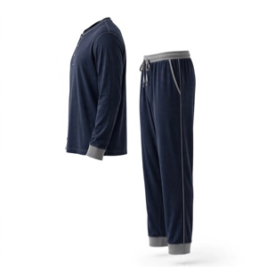 Ensemble de pyjama pour homme en bleu foncé à manches longues avec bordure grise, tricot doux 100% coton, vêtements décontractés pour l'automne - Product Image 3