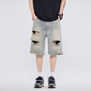 Pantalones Cortos de Mezclilla para Hombre, Estilo Casual, Talla Grande, Lavados, Rotos, de Cintura Alta, con Cierre de Cordón, de Algodón, para la Temporada de Verano - Product Image 3