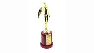 Trofeo con figura humana alada, acabado dorado y base de madera para reconocimiento de liderazgo en eventos corporativos - Product Image 2