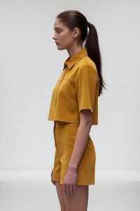 Women's Mustard Yellow 2-Piece Shorts Set Corduroy Short Sleeve Top <b>High</b> Waist Above <b>Knee</b> Shorts Casual Spring Summer Style - Product Image 2
