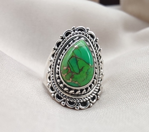925 Sterling Silver Green Copper <b>Turquoise</b> Pear <b>Ring</b> With Gold Plating Options Handmade Gemstone Jewelry Wholesale Custom - Product Image 1