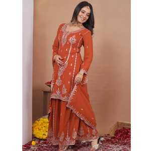 Ensemble Kurti en Georgette à Paillettes Scintillantes avec Pantalon Palazzo Entièrement Cousu et Longue Écharpe (Trois Pièces) Tenue Ethnique (UV 123)DC - Product Image 1