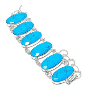 Bracelet en chaîne plaqué argent avec turquoise, style bohème, bijoux unisexe, 7-8 pouces, serti de pierres précieuses ovales, bracelet ethnique - Product Image 1