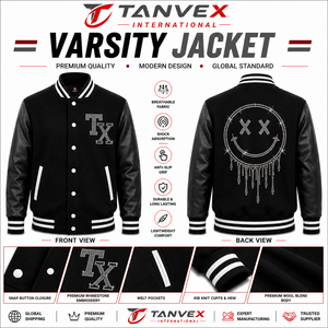TANVEX INTERNATIONAL Men's Varsity <b>Jacket</b> Black Gold <b>Rhinestone</b> Embroidery PU Leather Snap Button Closure Preppy Style - Product Image 5