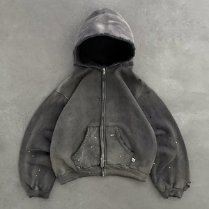 Sudadera con capucha extragrande personalizada para hombre, estilo urbano, con cremallera, de algodón 100% de alto gramaje, corte holgado, lavado ácido, tipo jersey. - Product Image 1