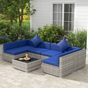 <b>7</b>-Piece Mixed Gray Blue Outdoor Rattan Sofa Set Wicker Patio Furniture <b>Iron</b> Glass Top Coffee Table Pillows Included Hospitals - Product Image 2
