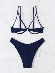 Ensemble de maillot de bain 2 pièces côtelé sans couture en spandex pour femme, avec soutien-gorge triangle taille haute, décolleté en V profond, effet push-up, uni, décontracté et confortable - Product Image 2