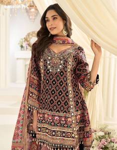 Excellent Quality Crepe Silk with Printed & Hand Aari - <b>Gota</b> Patti work Fully-Stitched Plazzo-Suit-Dupatta Wholesale Supply - Product Image 3