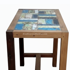 Table de bar en bois de bateau récupéré, design patchwork mosaïque, couleur originale, écologique, durable, rustique, table haute de bar, mobilier - Product Image 6