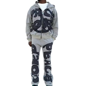Ensemble de survêtement décontracté pour homme style Hip Hop Punk avec fermeture éclair et design vieilli – Vente en gros Printemps-Automne (Haut à capuche et pantalon) - Product Image 1