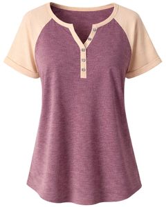 T-shirt pour femme beige bordeaux à manches courtes, col Henley, manches raglan, coton doux, décontracté, haut d'été confortable, à porter au quotidien, élégant - Product Image 1