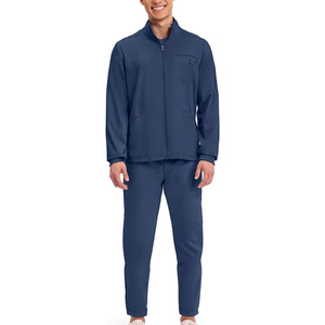Conjunto de Uniforme Médico Azul Marino para Hombre, Pantalones y Chaqueta de Trabajo Médico de Poliéster Tejido, Cierre Completo con Cremallera Frontal - Product Image 1