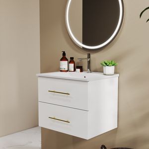 Mobile Bagno Sospeso da 24 Pollici con Doppio Cassetto, Facile da Montare, Lavabo in Ceramica, Maniglia Lunga in Metallo Dorato, 2 Lavabi - Doppio Cassetto - Product Image 3