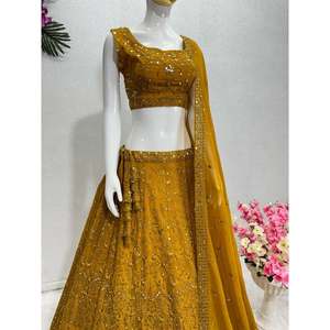 FANCY GEORGETTE EMRBOIDERY SECUENCIA CON ESPEJO REAL TRABAJO LEHENGA CHOLI CON DUPATTA AMARILLO - Product Image 3