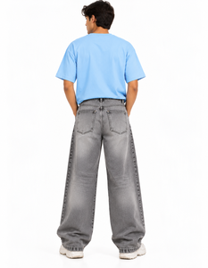 Jean ample gris délavé pour homme, coupe décontractée, taille mi-haute, en denim de coton - Product Image 4
