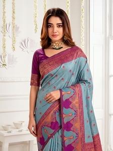 Sari Tradicional de Seda Azul Púrpura con Motivo de Elefante para Mujer, Estilo Indio-Pakistaní, Protección Solar, para Bodas y Playa - Product Image 4