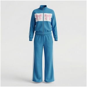 Women Blue <b>Tracksuit</b> Set With <b>Pink</b> Bow Print Full Sleeve Zipper Front Casual Sportswear Spring Wear - Product Image 1