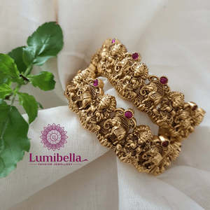Laxmi Matte Gold Kada <b>Bangles</b> 2x6-Trendy Brass <b>Copper</b> Jade Bracelets with Zircon and Pearl - Product Image 1