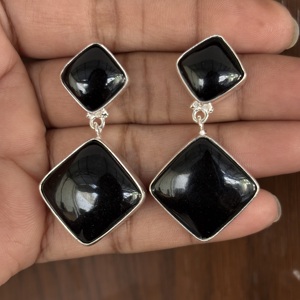 Boucles d'oreilles pendantes style bohème en onyx noir et pierres naturelles, design tendance, plaqué argent 925, prix d'usine - Product Image 4