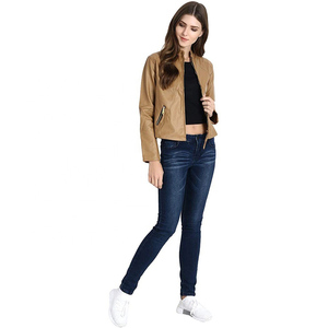 Chaqueta de Cuero para Mujer, Cuero Sintético, Corte Ajustado, Cuello Alto, Cierre de Cremallera, Moda Otoño Invierno - Product Image 4