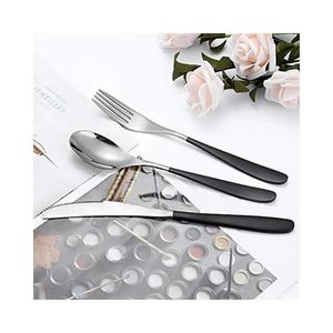 Ensemble de couverts en acier inoxydable, finition miroir, cuillère, fourchette, couteau, ensemble de salle à manger avec manche noir pour la maison, la cuisine, l'hôtel, le restaurant - Product Image 1