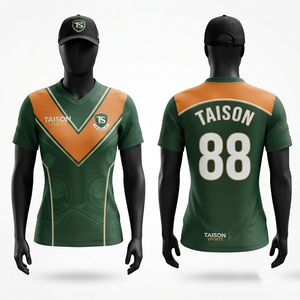 เสื้อสนุกเกอร์หญิง ผ้าโพลีเอสเตอร์ระบายอากาศได้ดี 180 GSM พรีเมียม สีเขียวส้มตัดต่อ  ปักลายแบบรีดร้อนตามสั่ง - Product Image 1