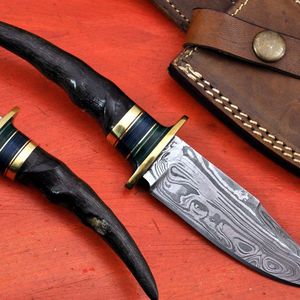 Cuchillo de Hoja Fija de Acero de Damasco Hecho a Mano, Punta Caída, Mango de Asta de Ciervo, Cuchillo de Caza y Supervivencia - Product Image 6