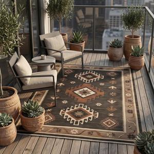 Tapis décoratif en laine noué à la main marron et beige, motif géométrique tribal traditionnel, pour salon, maison, hôtel - Product Image 4