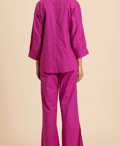 Women 2 Piece Co Ord <b>Set</b> Solid Color Oxford Fabric Long Sleeve Turn Down Collar Casual Full Length Pants Top <b>Set</b> - Product Image 3